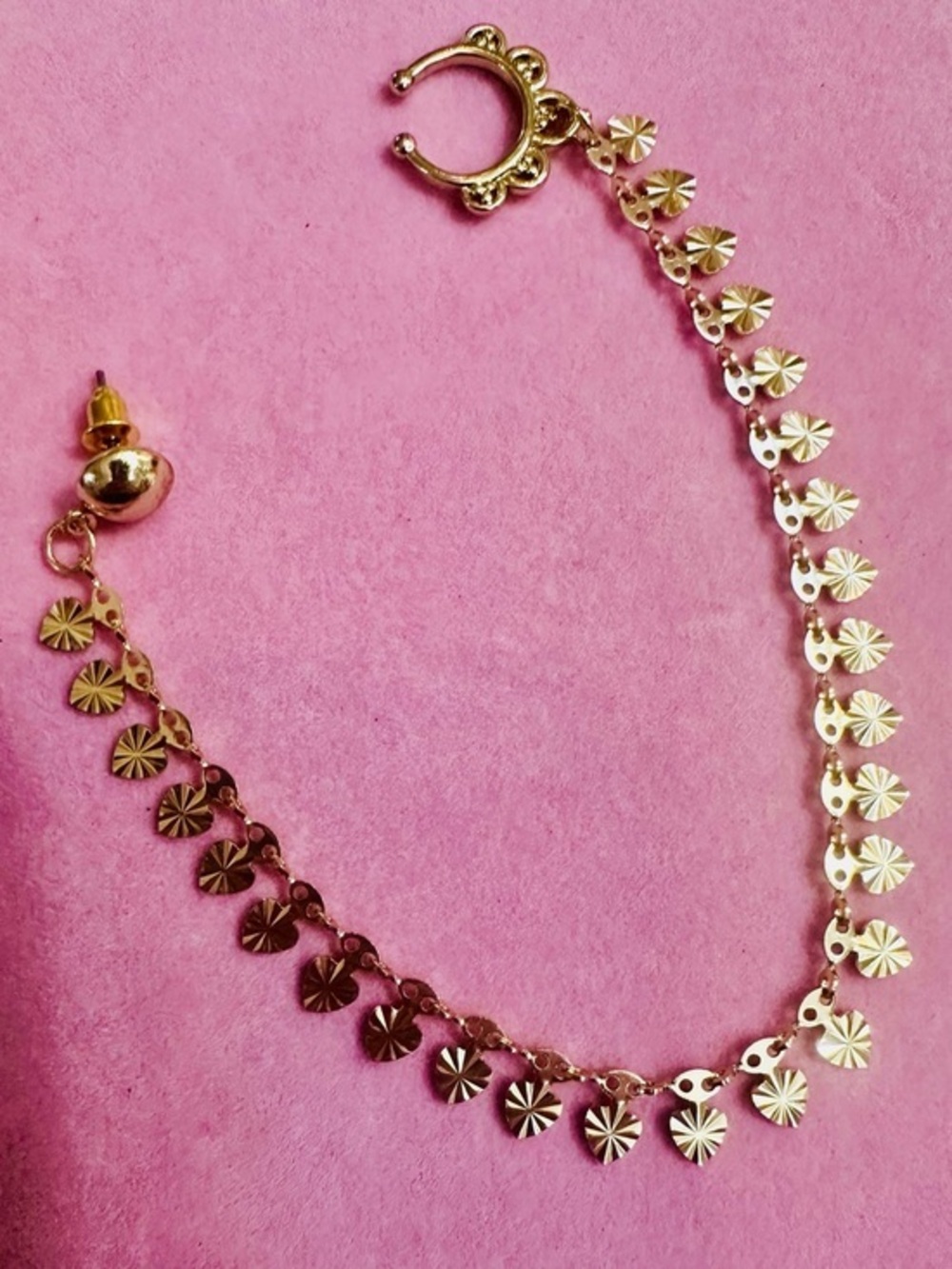 Gold Tone Heart Charm Ear Cuff Chain Earring